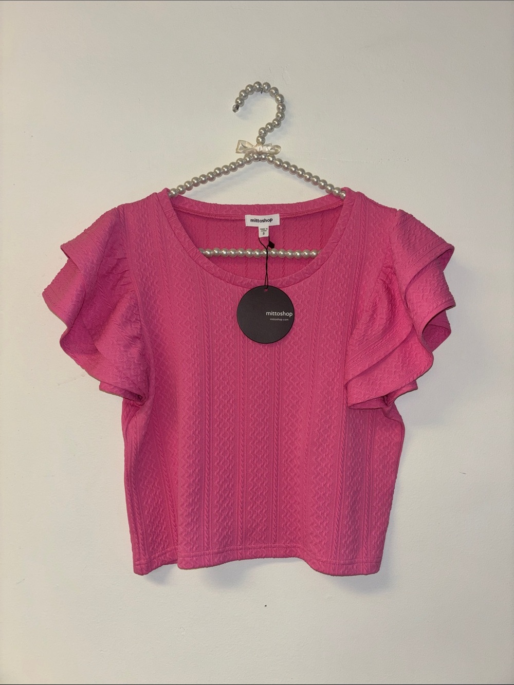 mittoshop Hot Pink Ruffle Sleeve Knit Crop Top size small NEW NWT